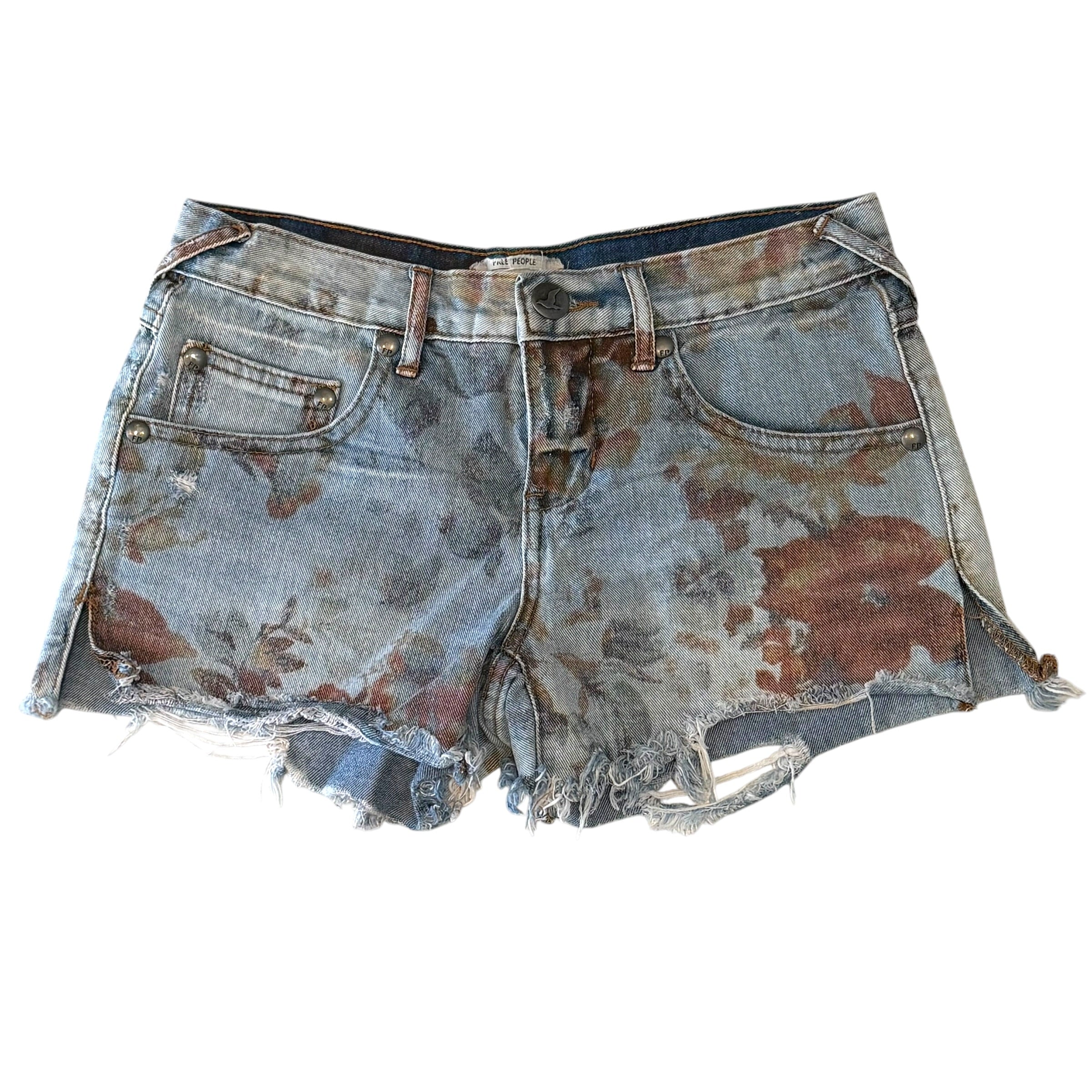Free People - Floral Blue Denim Shorts