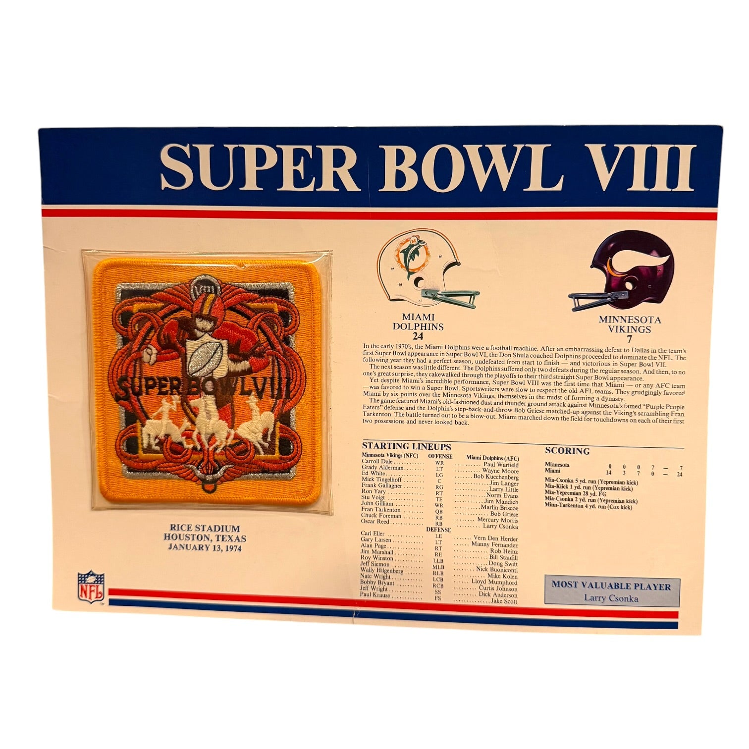 NFL - Super Bowl VIII Miami vs Vikings 1974 Vintage Commemorative Patch