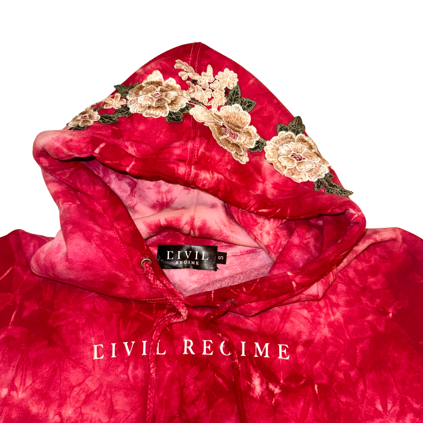 Civil Regime - Floral Stitched Red Crystal Wash Hoodie Sweatshirt