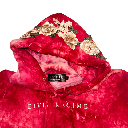 Civil Regime - Floral Stitched Red Crystal Wash Hoodie Sweatshirt