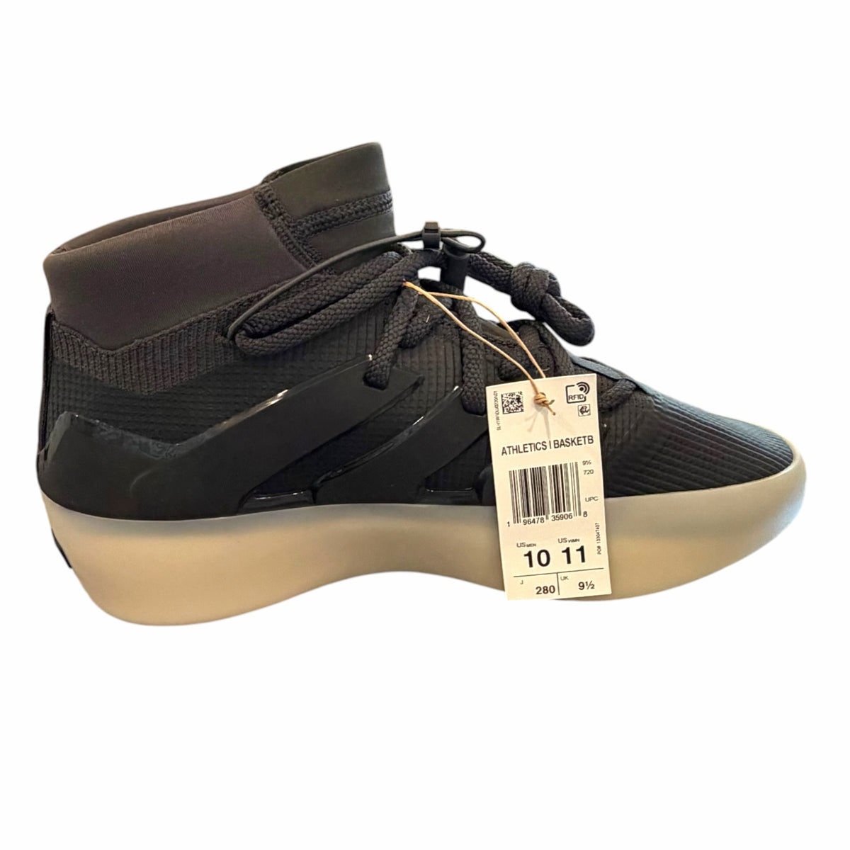 Vangsworld, Inc adidas Fear of God Athletics black high-top basketball sneakers with a neutral-toned midsole.