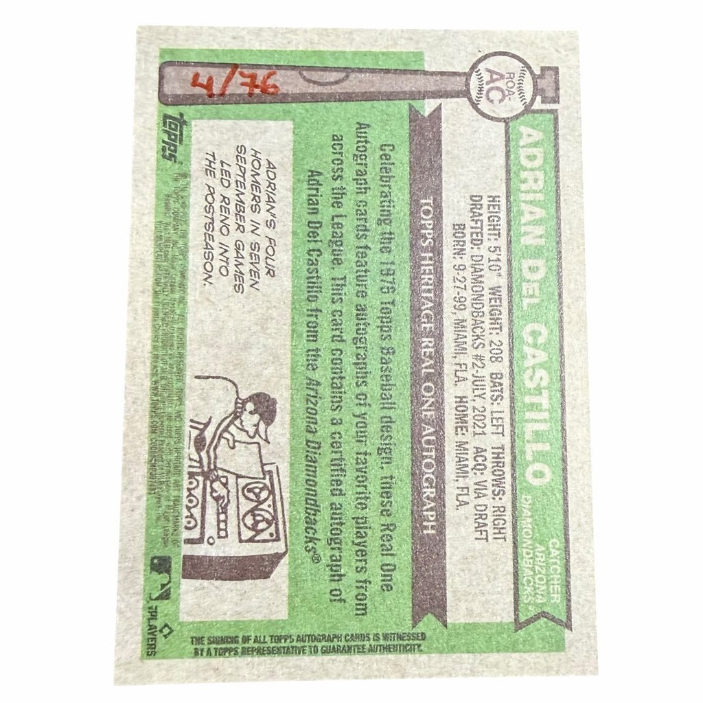 Vangsworld, Inc 2024 Topps Heritage Adrian Del Castillo rookie card back with serial number 4/76 and player biography.
