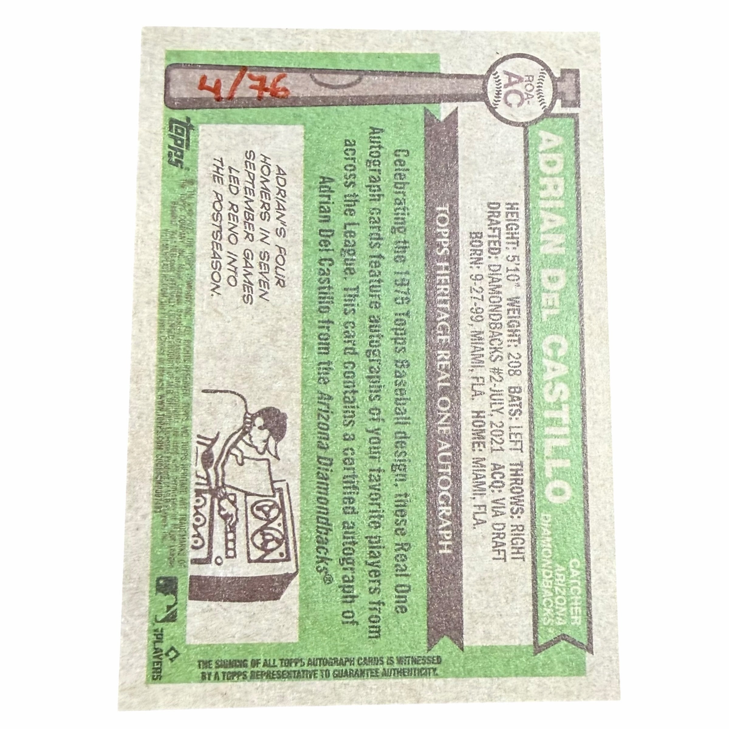 Vangsworld, Inc 2024 Topps Heritage Adrian Del Castillo rookie card back with serial number 4/76 and player biography.