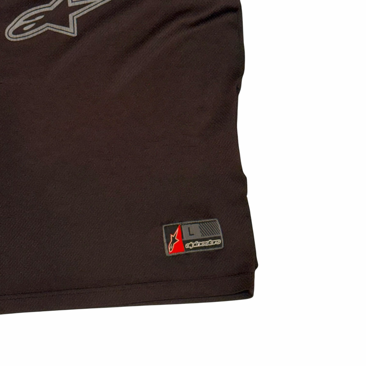 Vangsworld, Inc Alpinestars black mesh athletic tank top with a branded woven hem patch and grey graphic detail