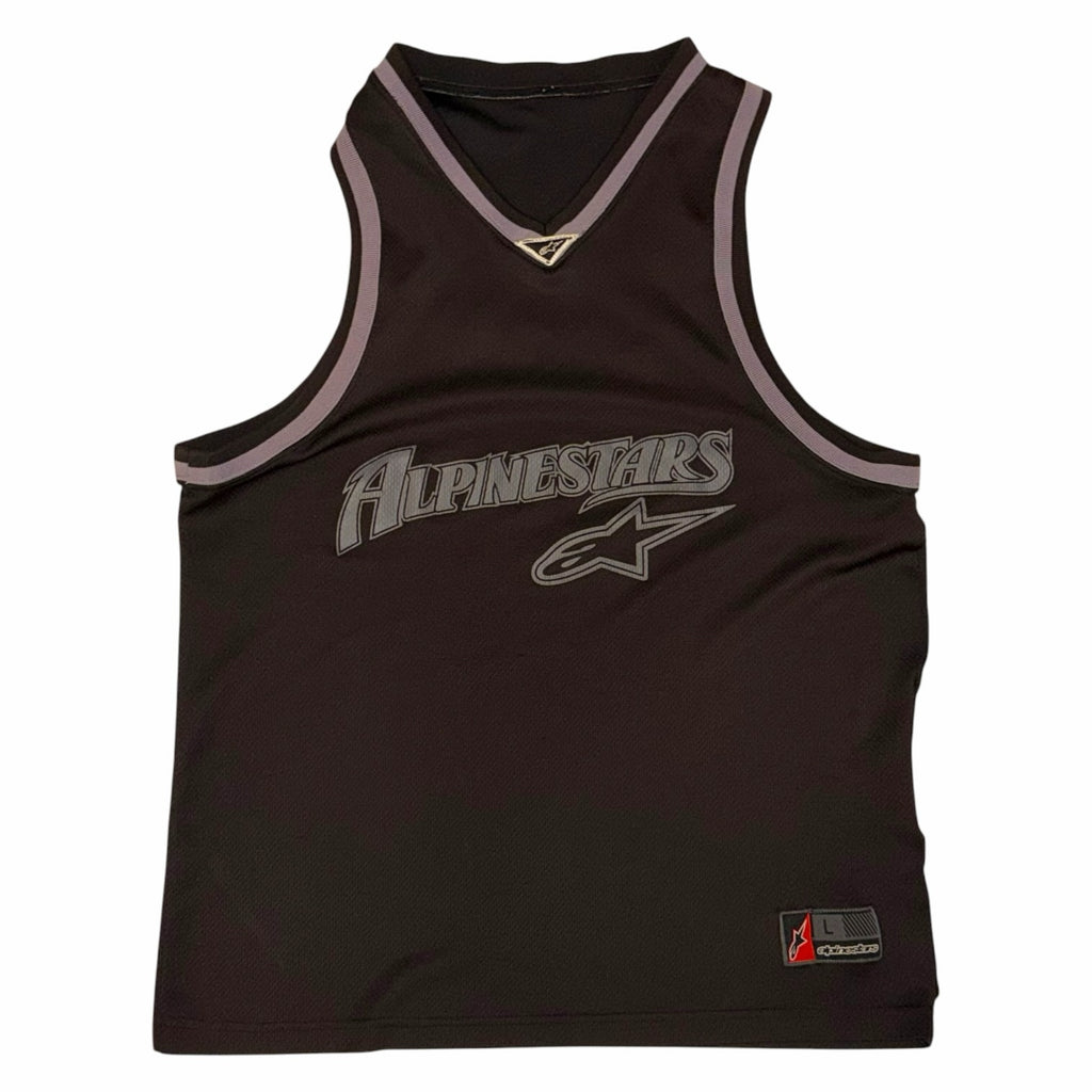 Vangsworld, Inc Alpinestars black mesh athletic tank top with grey trim and front graphic logo