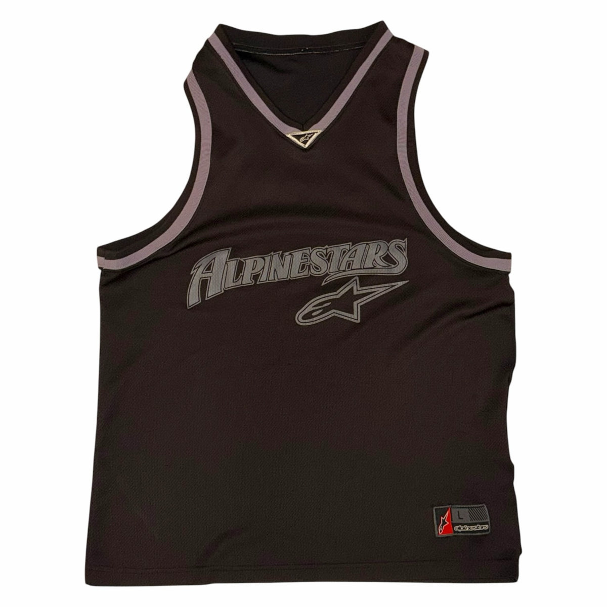 Vangsworld, Inc Alpinestars black mesh athletic tank top with grey trim and front graphic logo