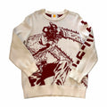 Vangsworld, Inc cream and burgundy anime graphic knit crewneck sweater with chainsaw character design