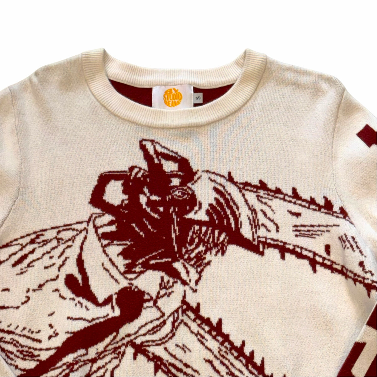 Vangsworld, Inc STUDIO BEAMS cream and burgundy knit sweater featuring a detailed anime chainsaw character graphic.