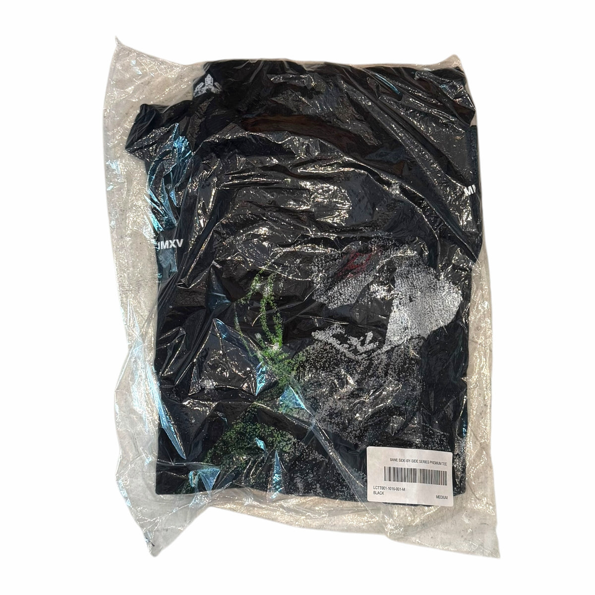 Vangsworld, Inc black Bane Side-By-Side Series graphic t-shirt packaged in a clear protective plastic bag