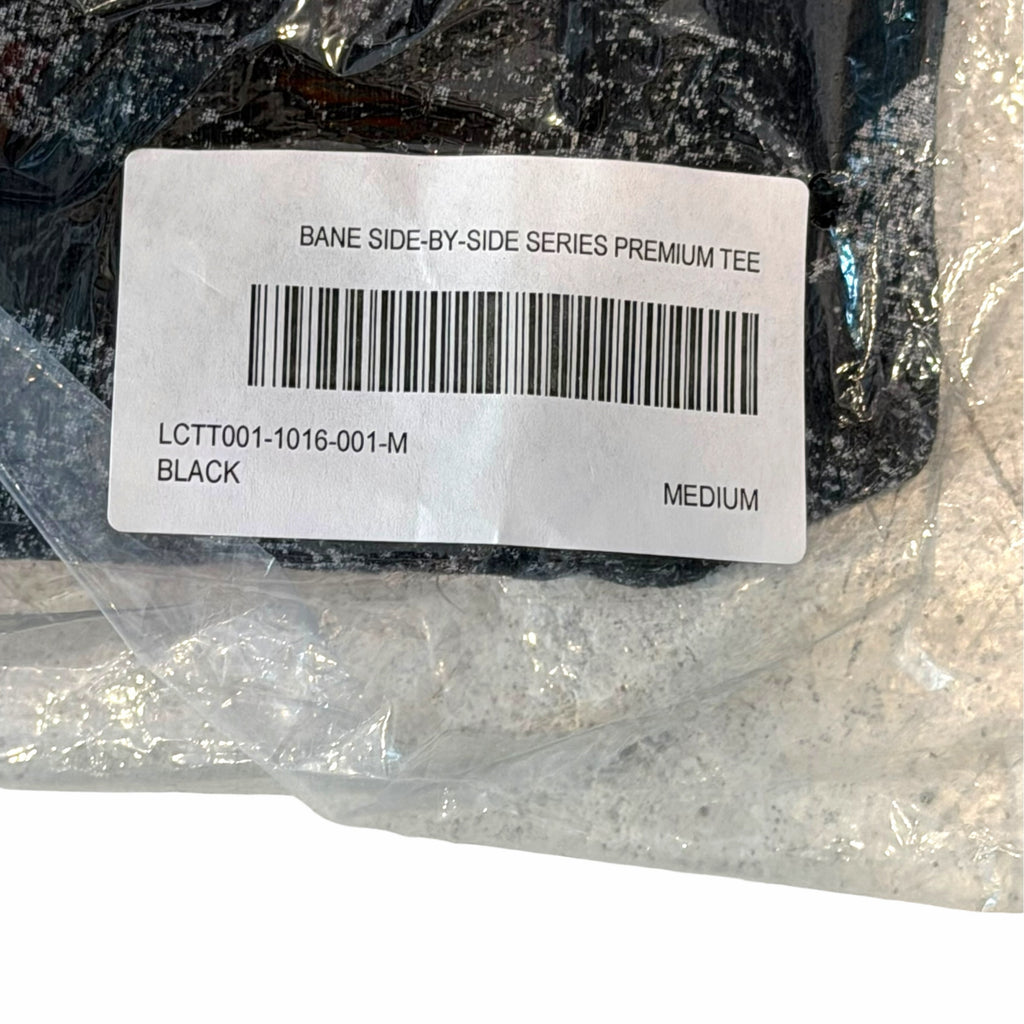 Vangsworld, Inc. Bane Side-By-Side Series premium black graphic t-shirt in original plastic packaging with barcode label