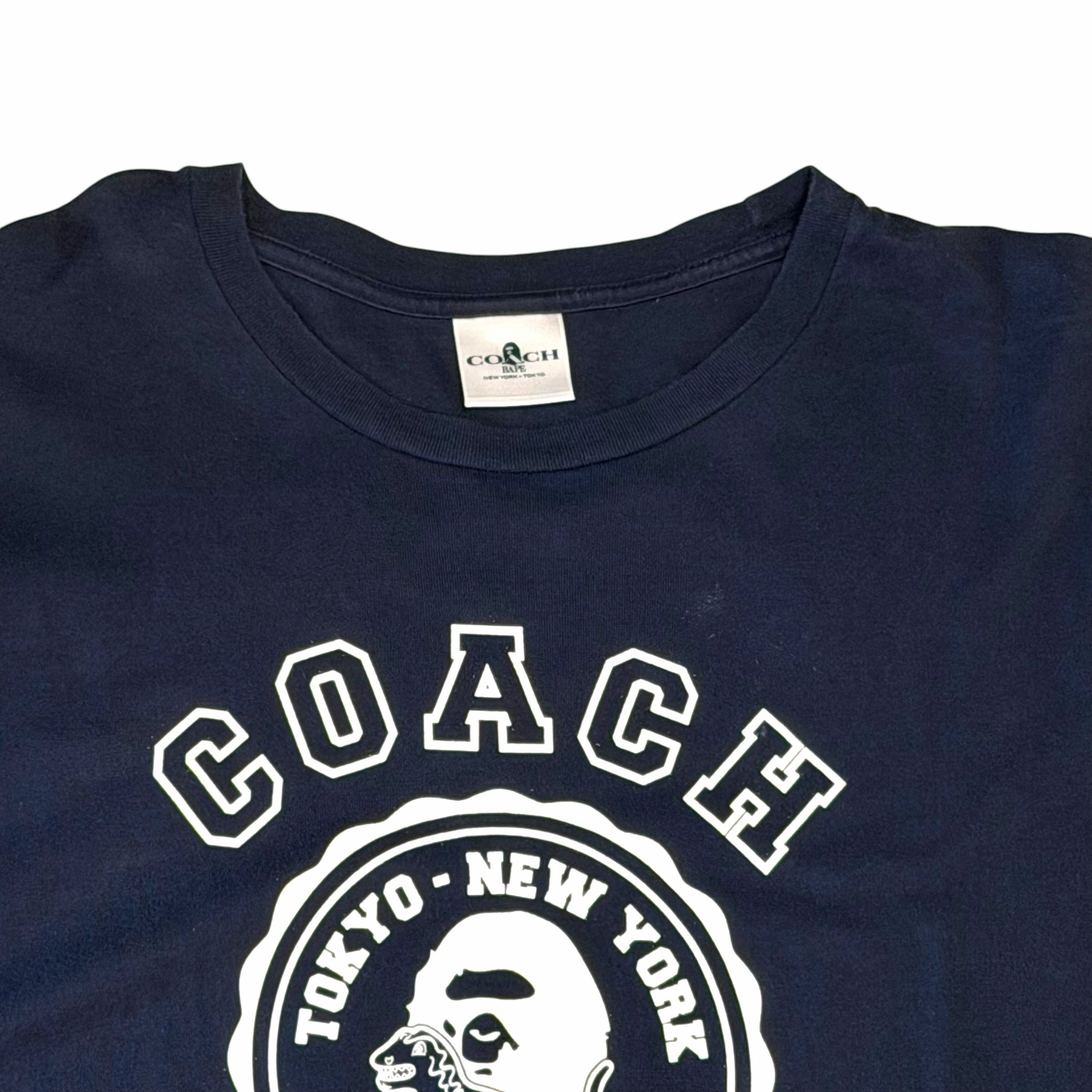 Vangsworld, Inc navy blue A BATHING APE x COACH cotton crewneck t-shirt with co-branded graphic logo on chest