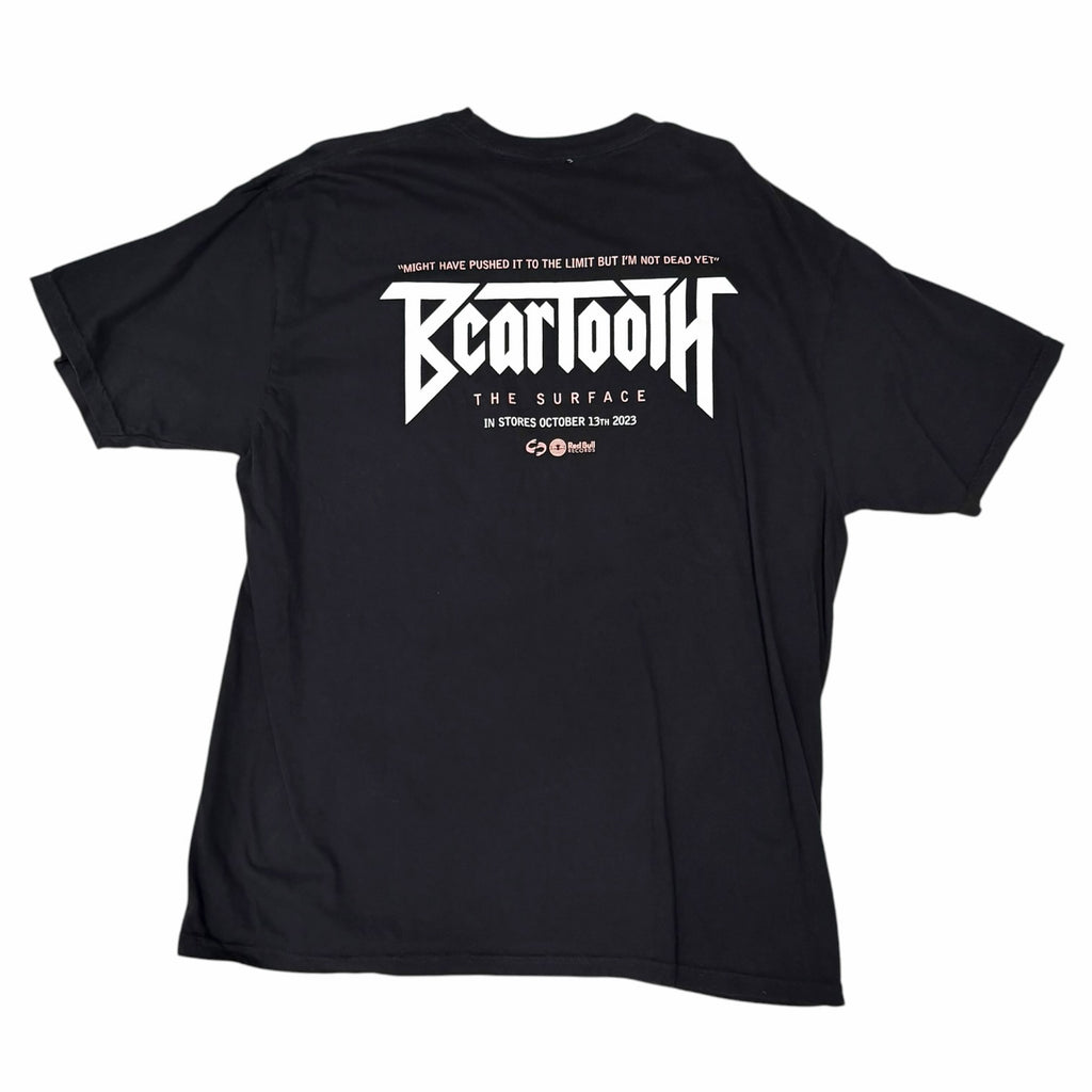 Vangsworld, Inc black Beartooth The Surface graphic crewneck t-shirt back view with white band logo and lyric text