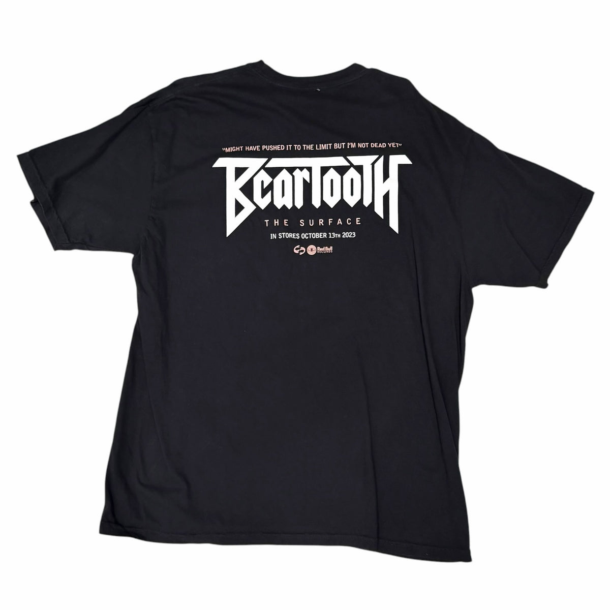 Vangsworld, Inc black Beartooth The Surface graphic crewneck t-shirt back view with white band logo and lyric text