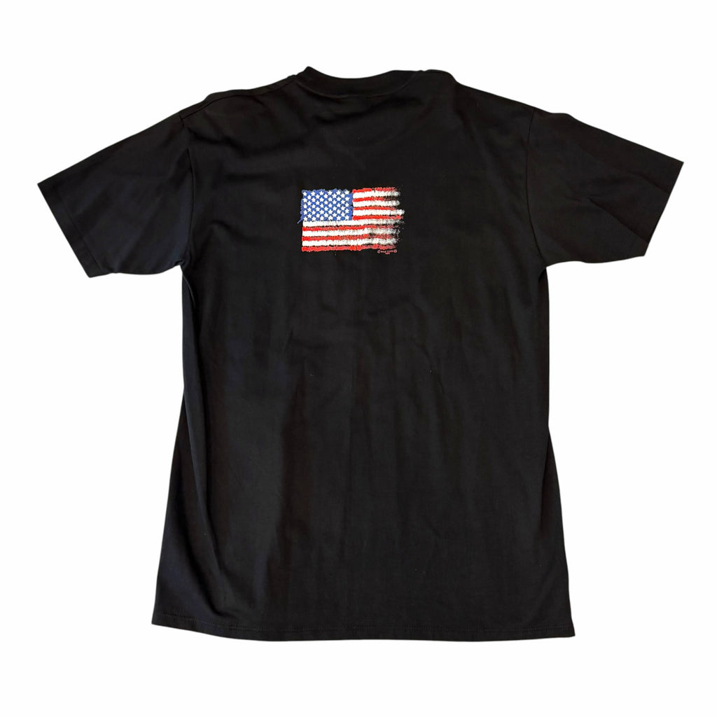 Vangsworld, Inc black cotton crewneck t-shirt featuring a distressed American flag graphic on the back