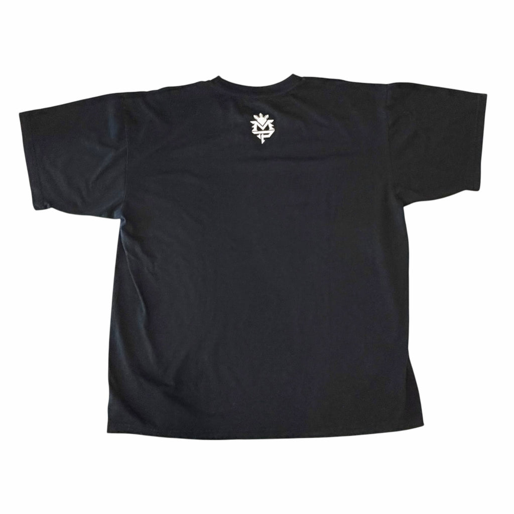 Vangsworld, Inc black cotton crewneck t-shirt featuring a small white logo print on the back neckline