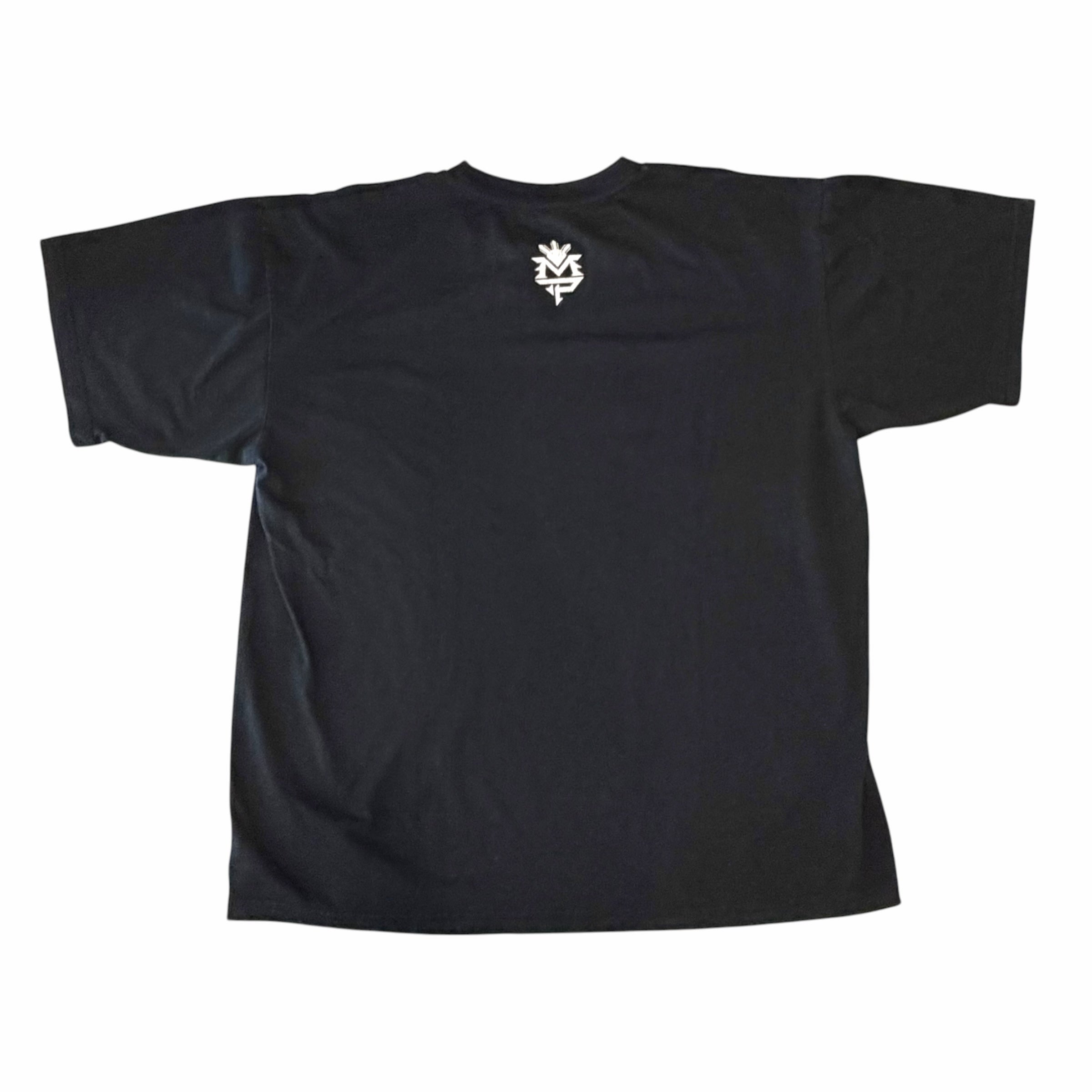 Vangsworld, Inc black cotton crewneck t-shirt featuring a small white logo print on the back neckline