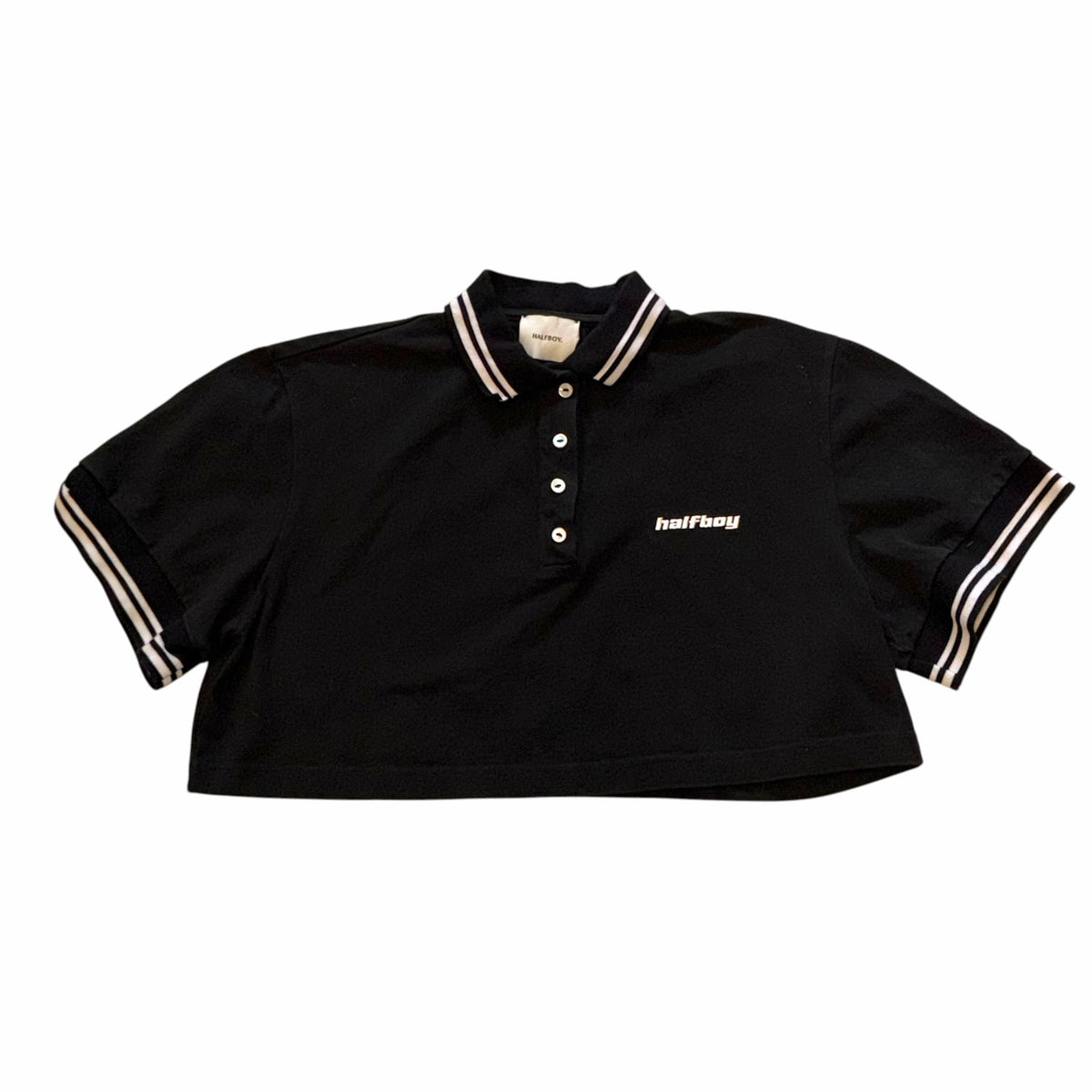 Vangsworld, Inc black cropped polo shirt with white striped collar and cuffs and embroidered logo