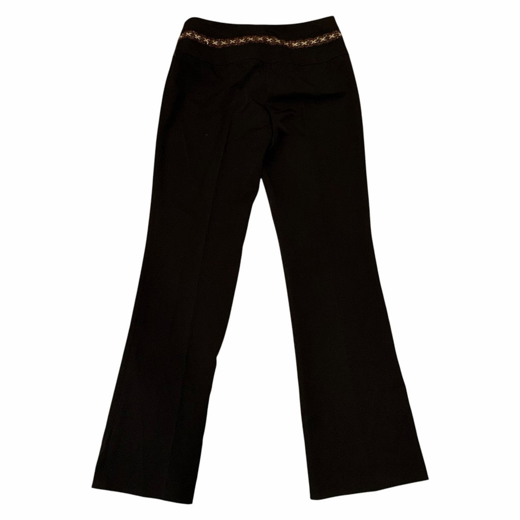 Vangsworld, Inc black tailored dress pants featuring a decorative beaded waistband and a sleek, straight-leg fit.