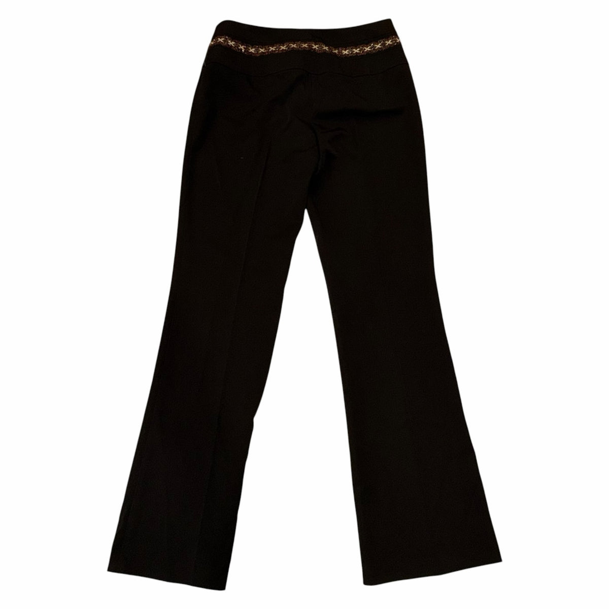 Vangsworld, Inc black tailored dress pants featuring a decorative beaded waistband and a sleek, straight-leg fit.