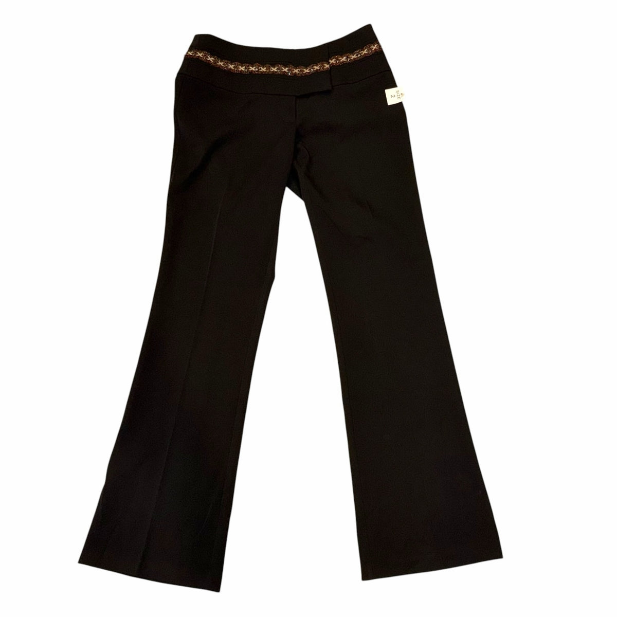 Vangsworld, Inc black dress pants featuring a tailored silhouette and a decorative beaded waistband trim.
