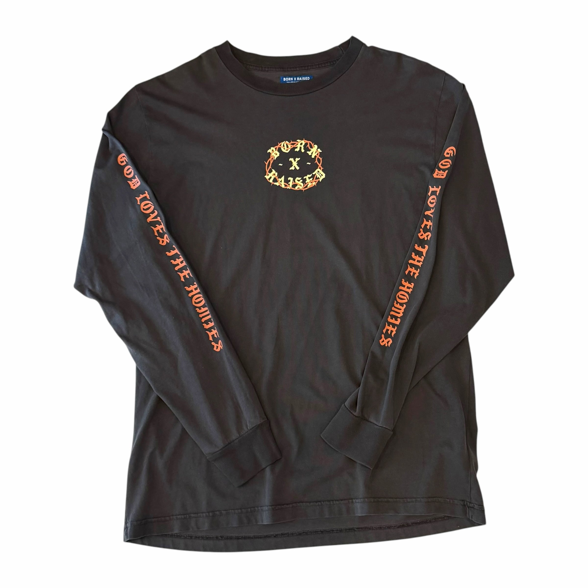 Vangsworld, Inc black long sleeve crewneck shirt with thorn-encircled logo and God Loves The Homies sleeve print