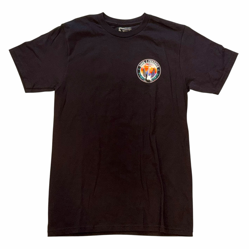 Vangsworld, Inc black crewneck cotton t-shirt with a small circular Rock 2 Freedom graphic on the chest