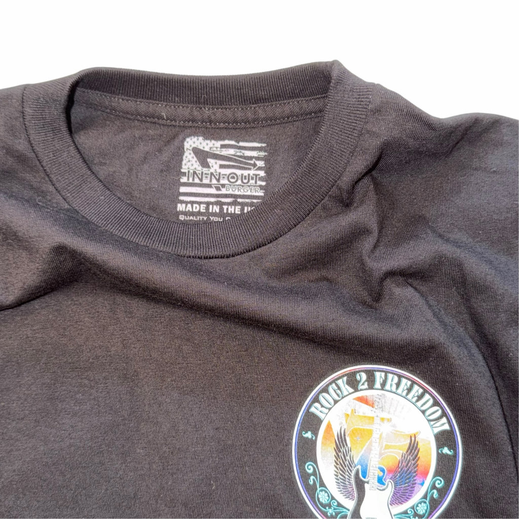 Vangsworld, Inc black cotton crewneck t-shirt featuring a Rock 2 Freedom circular graphic on the chest