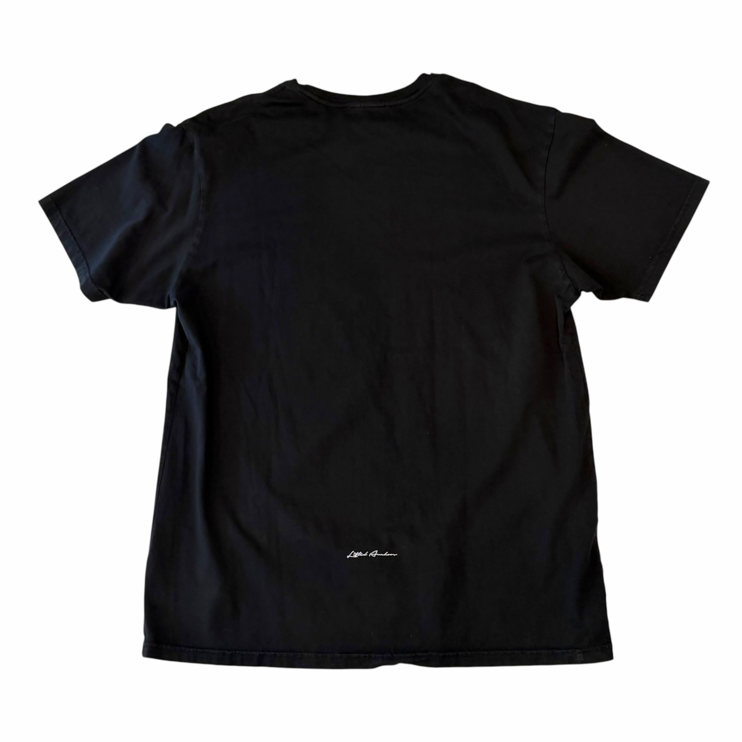 Back view of a black Vangsworld, Inc LIFTED ANCHORS cotton crewneck t-shirt with subtle white branding at the hem.