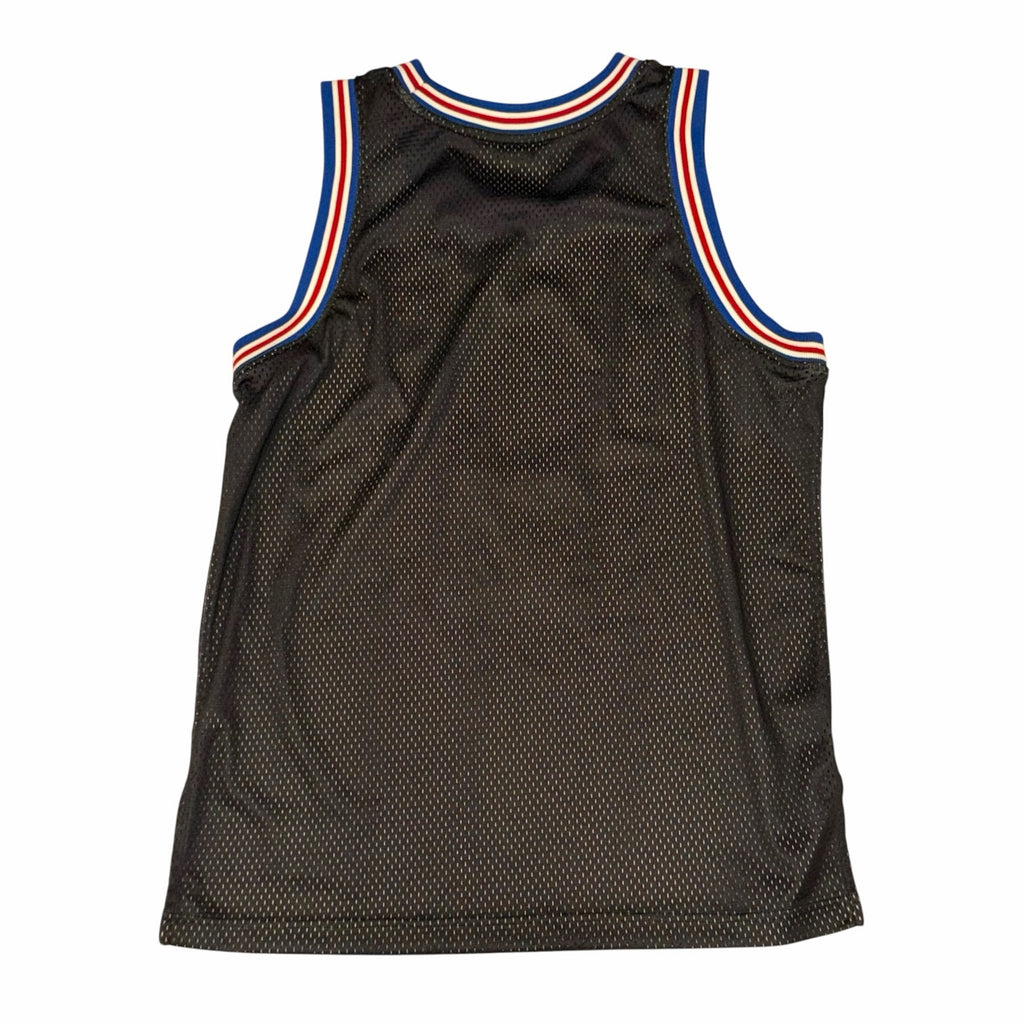 Vangsworld, Inc black mesh basketball jersey with red, white, and blue striped trim on the collar and armholes.