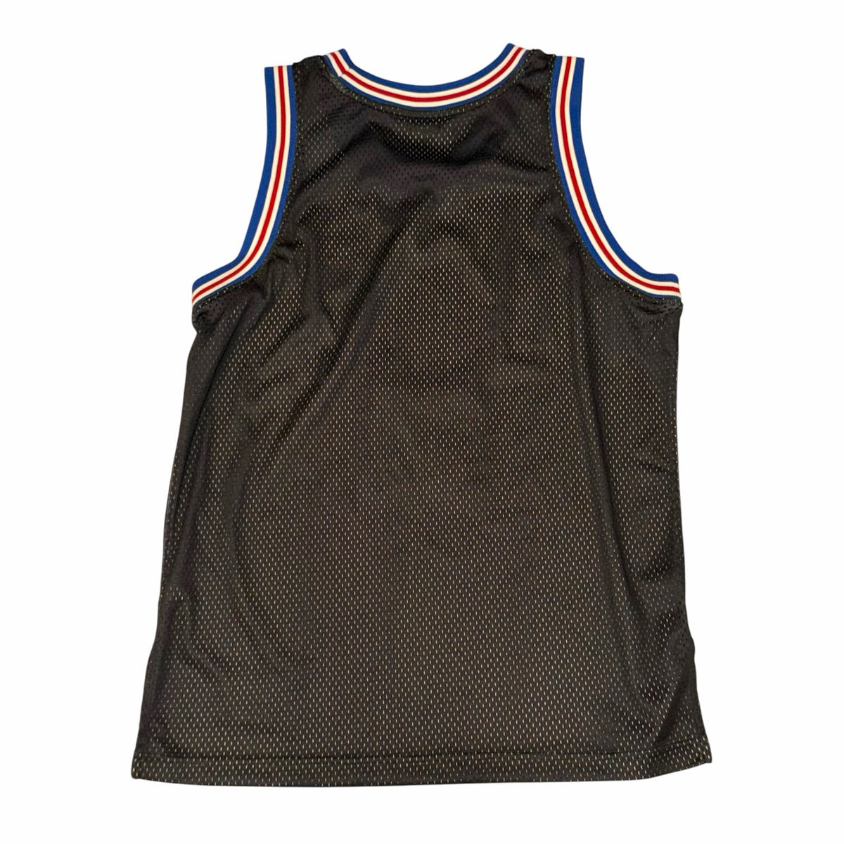 Vangsworld, Inc black mesh basketball jersey with red, white, and blue striped trim on the collar and armholes.