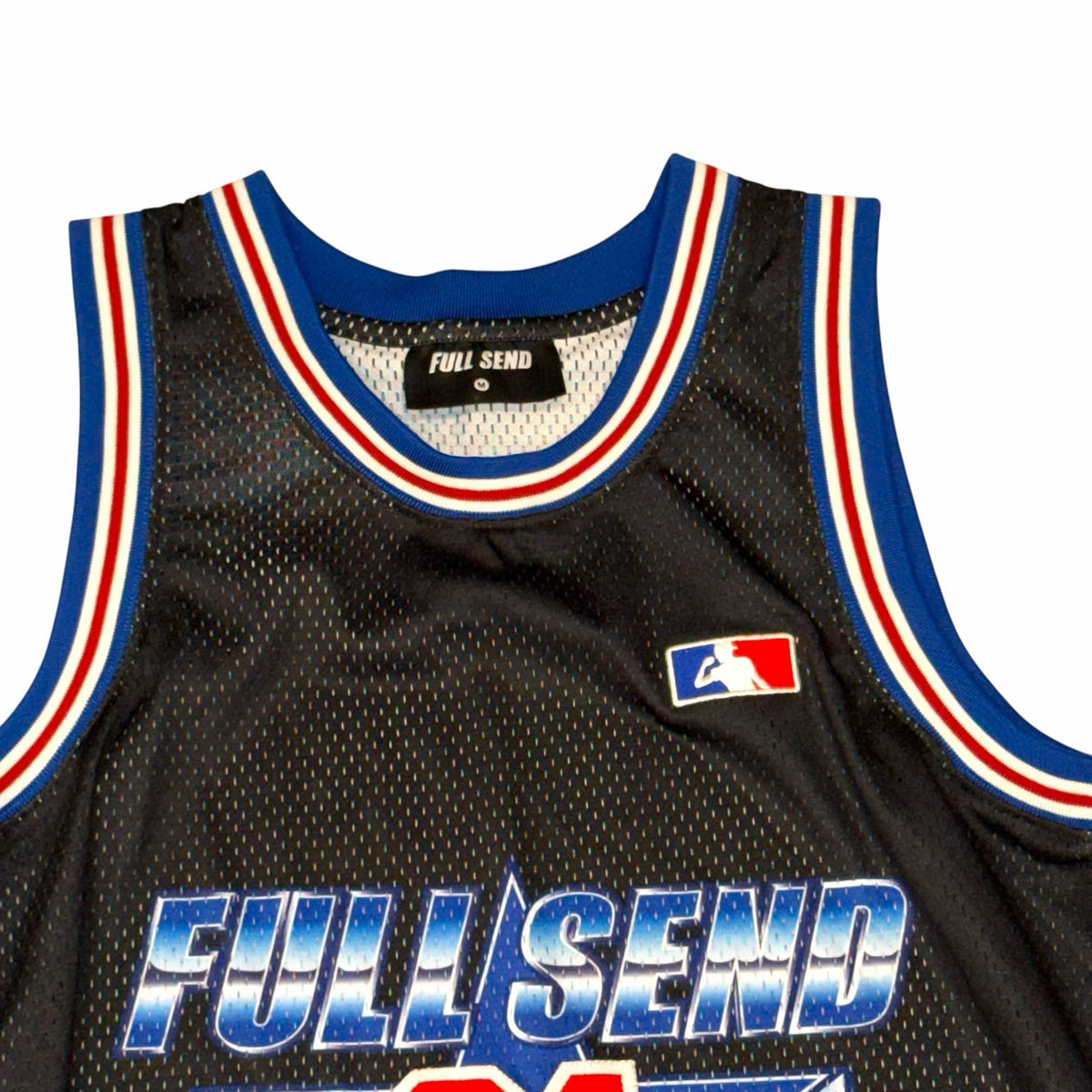 Vangsworld, Inc black mesh basketball jersey with red, white, and blue striped trim and Full Send graphic detail