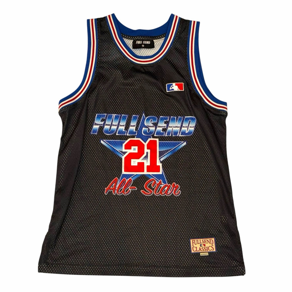 Vangsworld, Inc black mesh basketball jersey with Full Send 21 All-Star graphic and red, white, and blue striped trim.