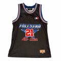 Vangsworld, Inc black mesh basketball jersey with Full Send 21 All-Star graphic and red, white, and blue striped trim.