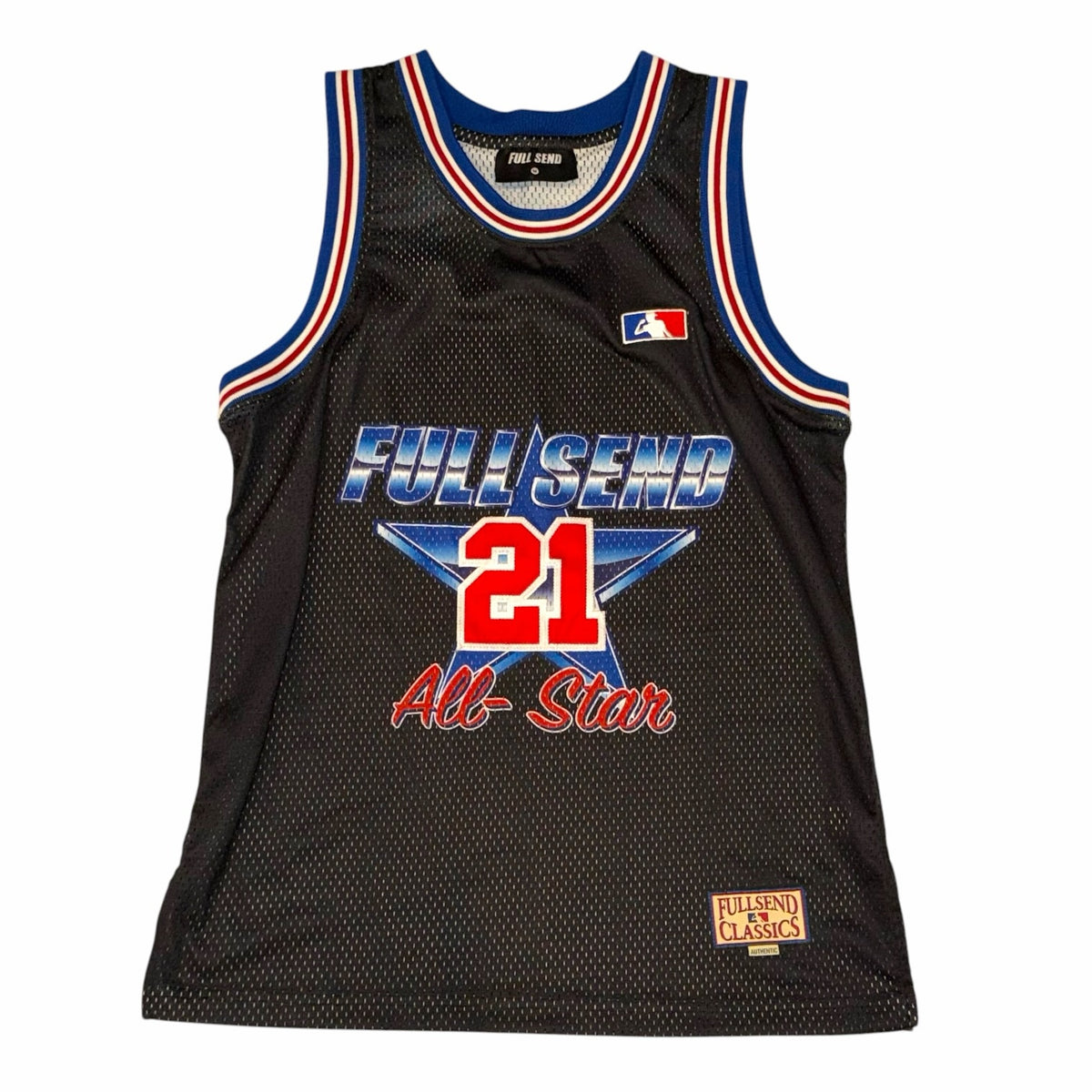 Vangsworld, Inc black mesh basketball jersey with Full Send 21 All-Star graphic and red, white, and blue striped trim.