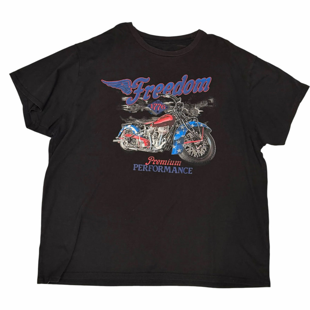 Vangsworld, Inc black cotton crewneck t-shirt featuring a vintage motorcycle graphic with stars and stripes design.
