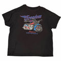 Vangsworld, Inc black cotton crewneck t-shirt featuring a vintage motorcycle graphic with stars and stripes design.