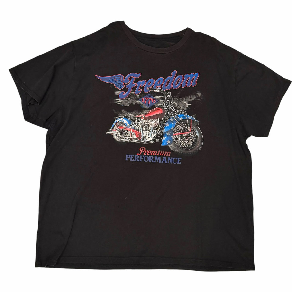 Vangsworld, Inc black cotton crewneck t-shirt featuring a vintage motorcycle graphic with stars and stripes design.