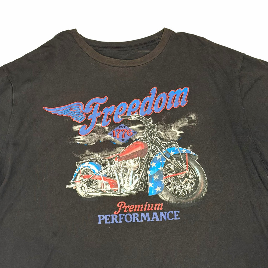 Vangsworld, Inc black cotton crewneck t-shirt with a vintage motorcycle graphic and patriotic Freedom print