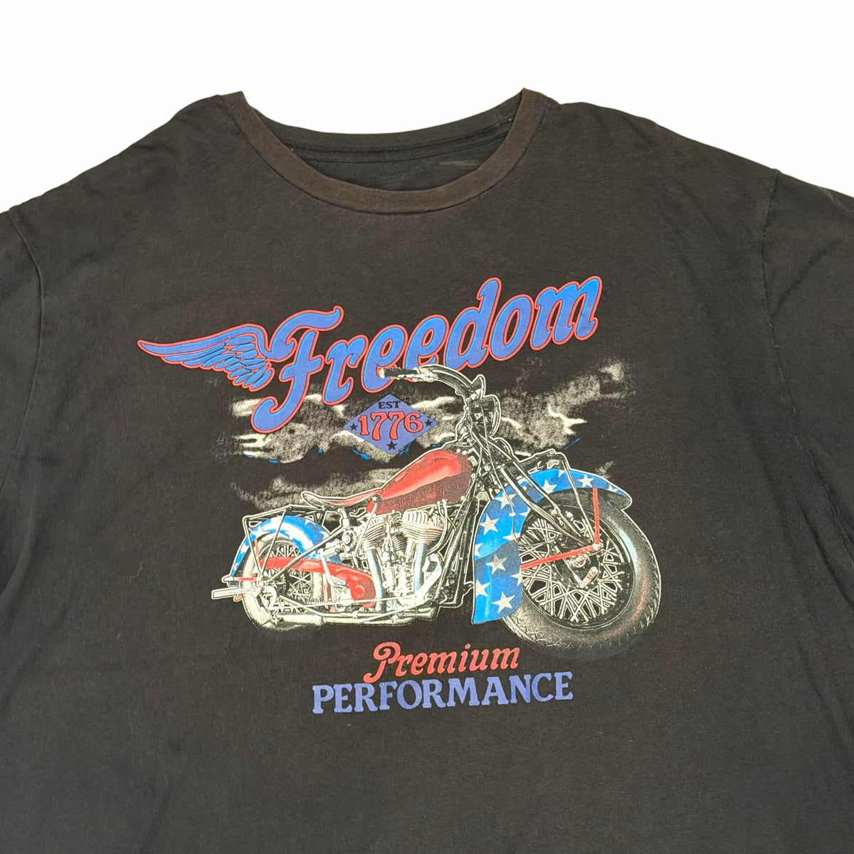 Vangsworld, Inc black cotton crewneck t-shirt with a vintage motorcycle graphic and patriotic Freedom print