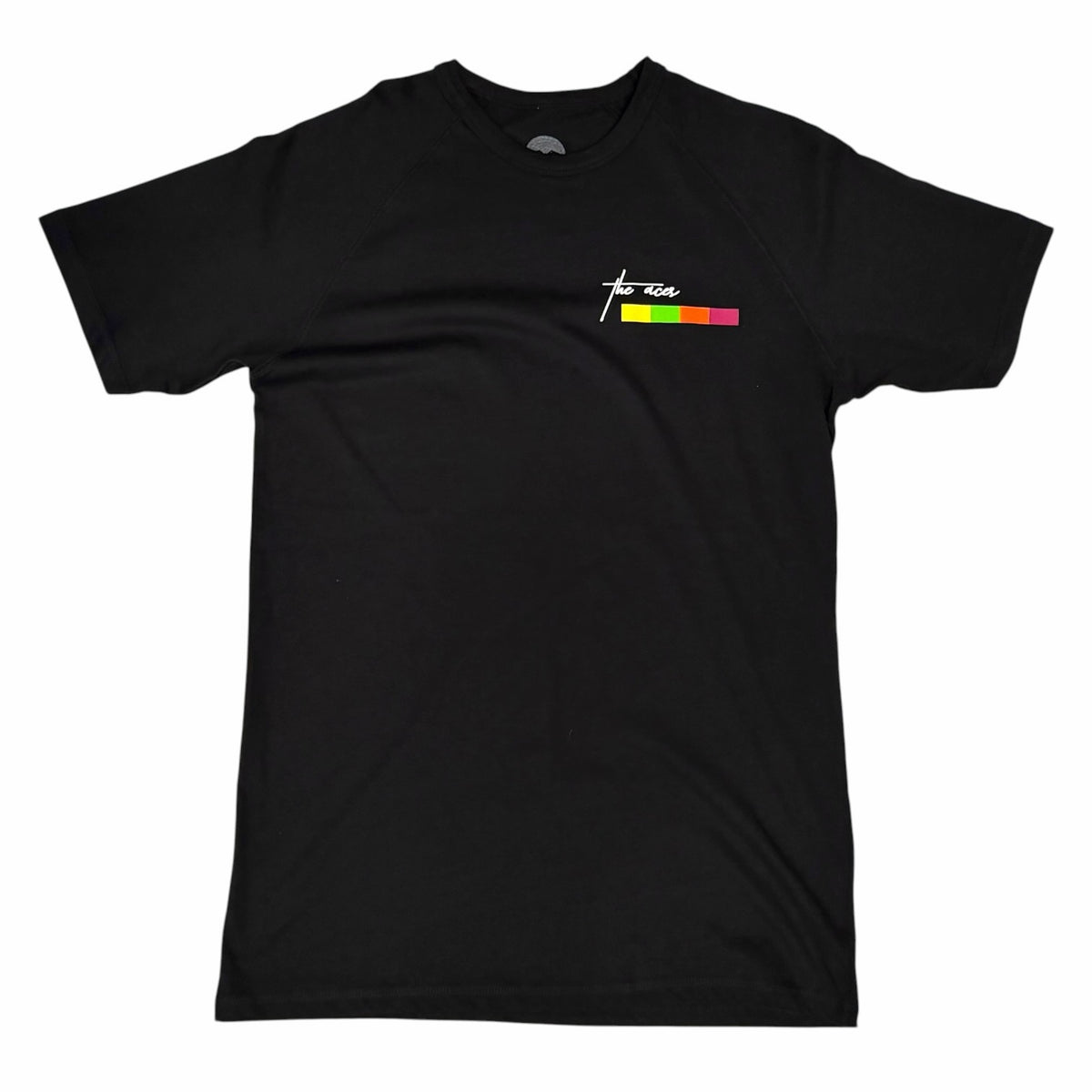Vangsworld, Inc black crewneck t-shirt with The Aces logo and colorful block graphic on the chest