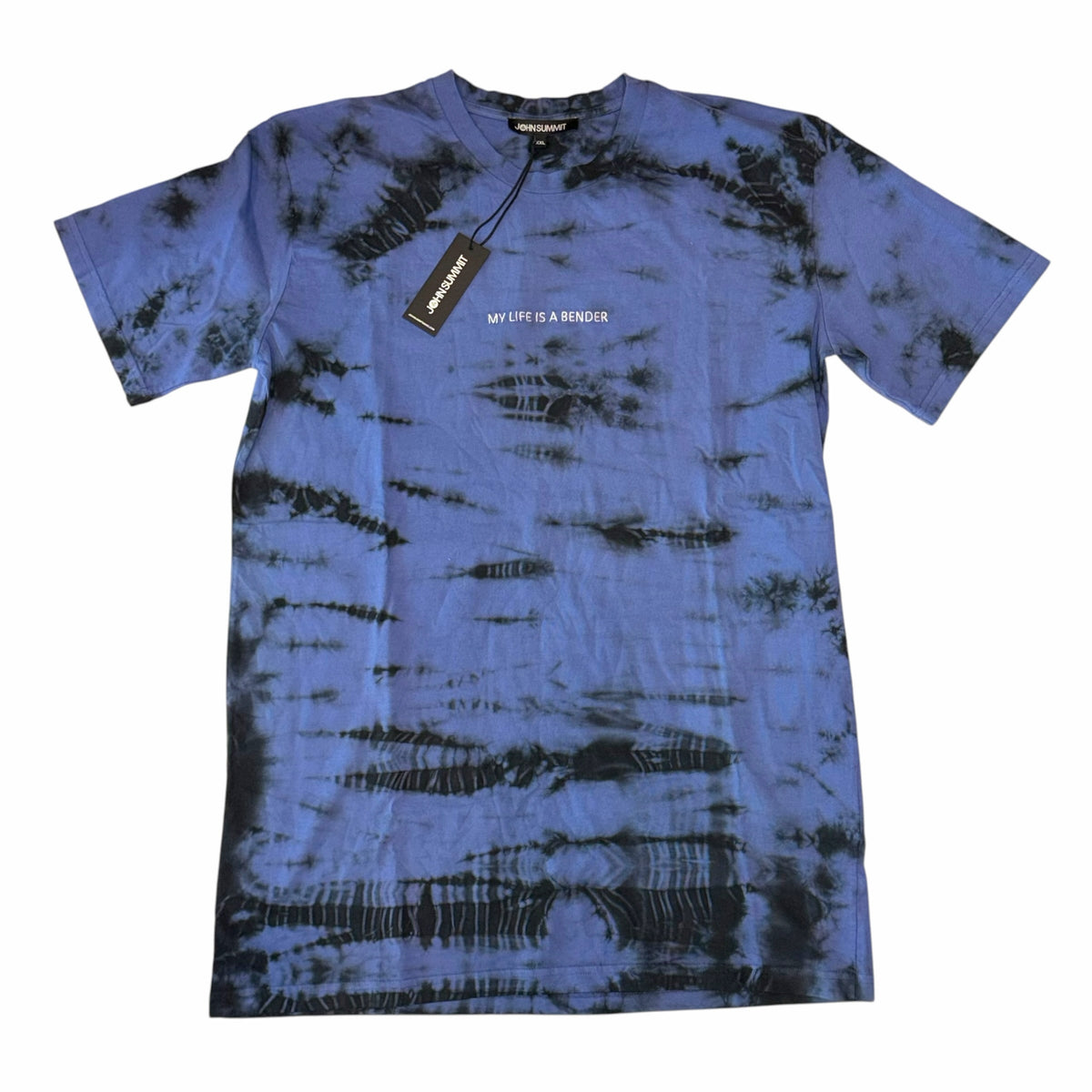 Vangsworld, Inc blue and black tie-dye cotton crew neck t-shirt with MY LIFE IS A BENDER graphic print