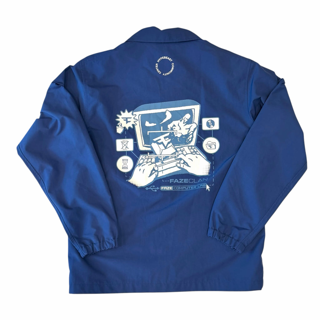 Back view of Vangsworld, Inc blue FaZe Clan coach jacket featuring a tech-inspired computer lab graphic print.