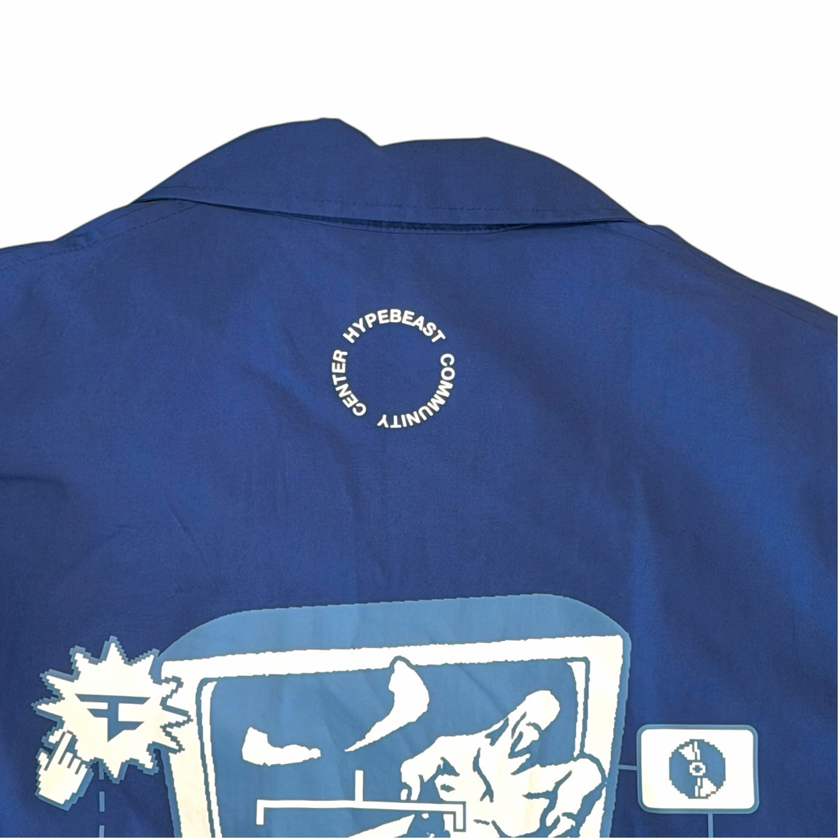 Vangsworld, Inc blue FaZe Clan coach jacket featuring a Hypebeast Community Center nape logo and tech graphic print
