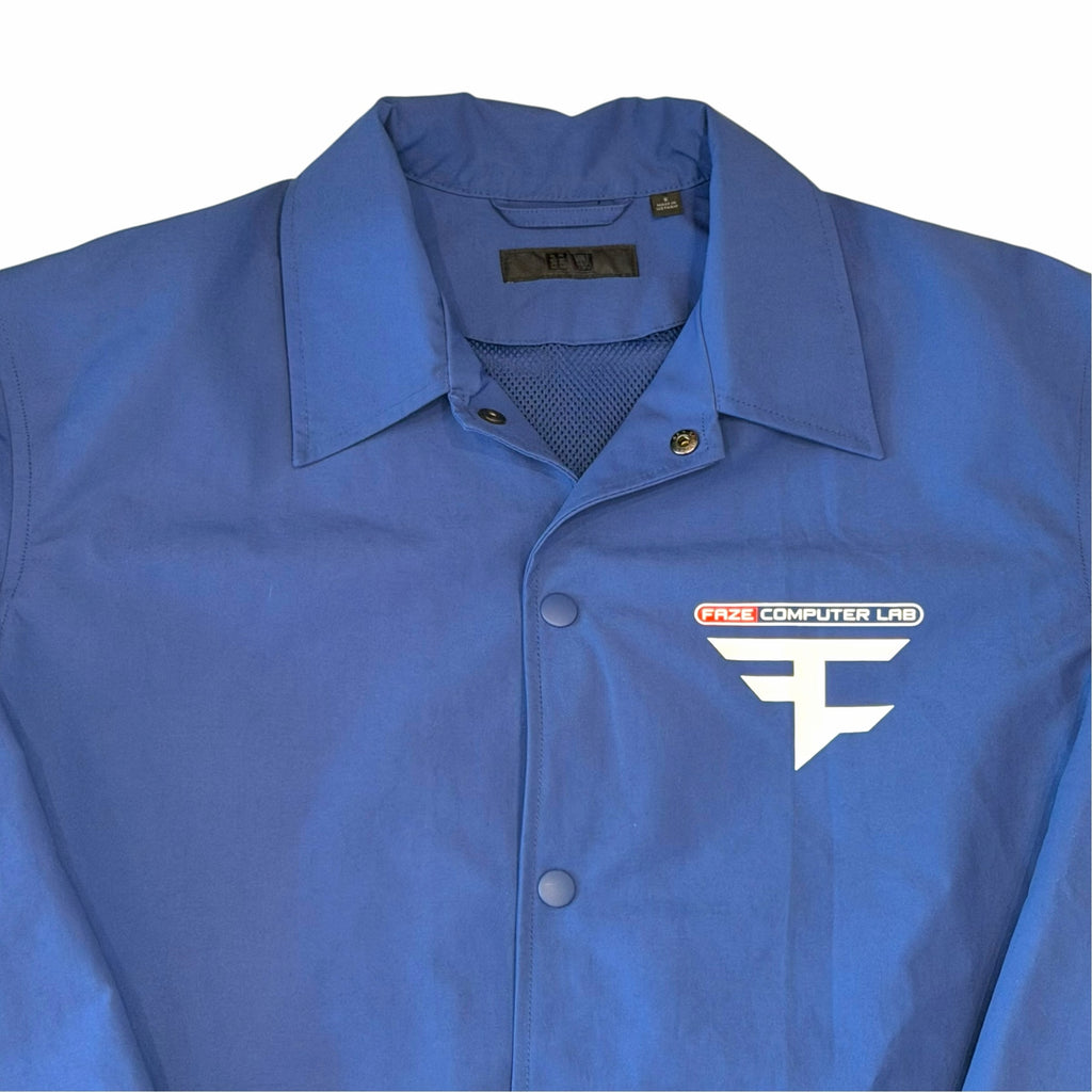 Vangsworld, Inc blue FaZe Clan Computer Lab coach jacket with snap buttons, fold-down collar, and chest logo.