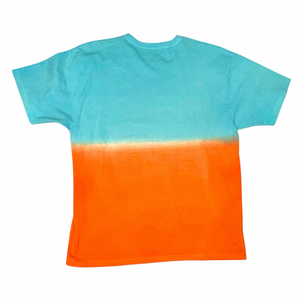 Vangsworld, Inc short sleeve crewneck t-shirt featuring a sky blue and sunset orange gradient back view