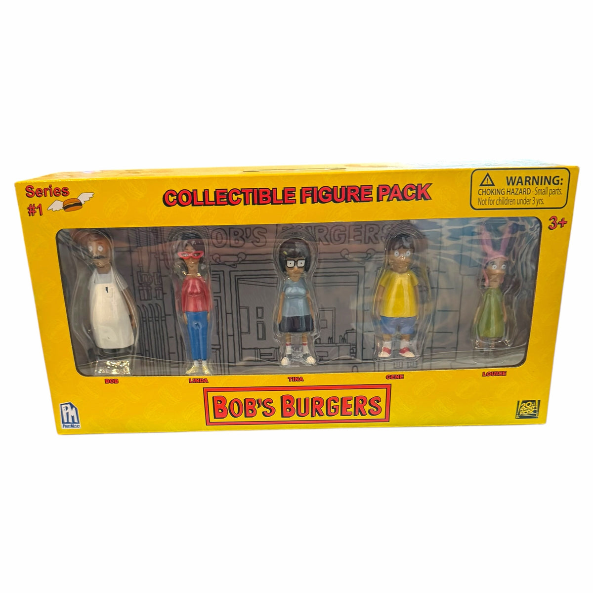 Vangsworld, Inc Bob's Burgers Series 1 collectible figure pack featuring Bob, Linda, Tina, Gene, and Louise in a box.