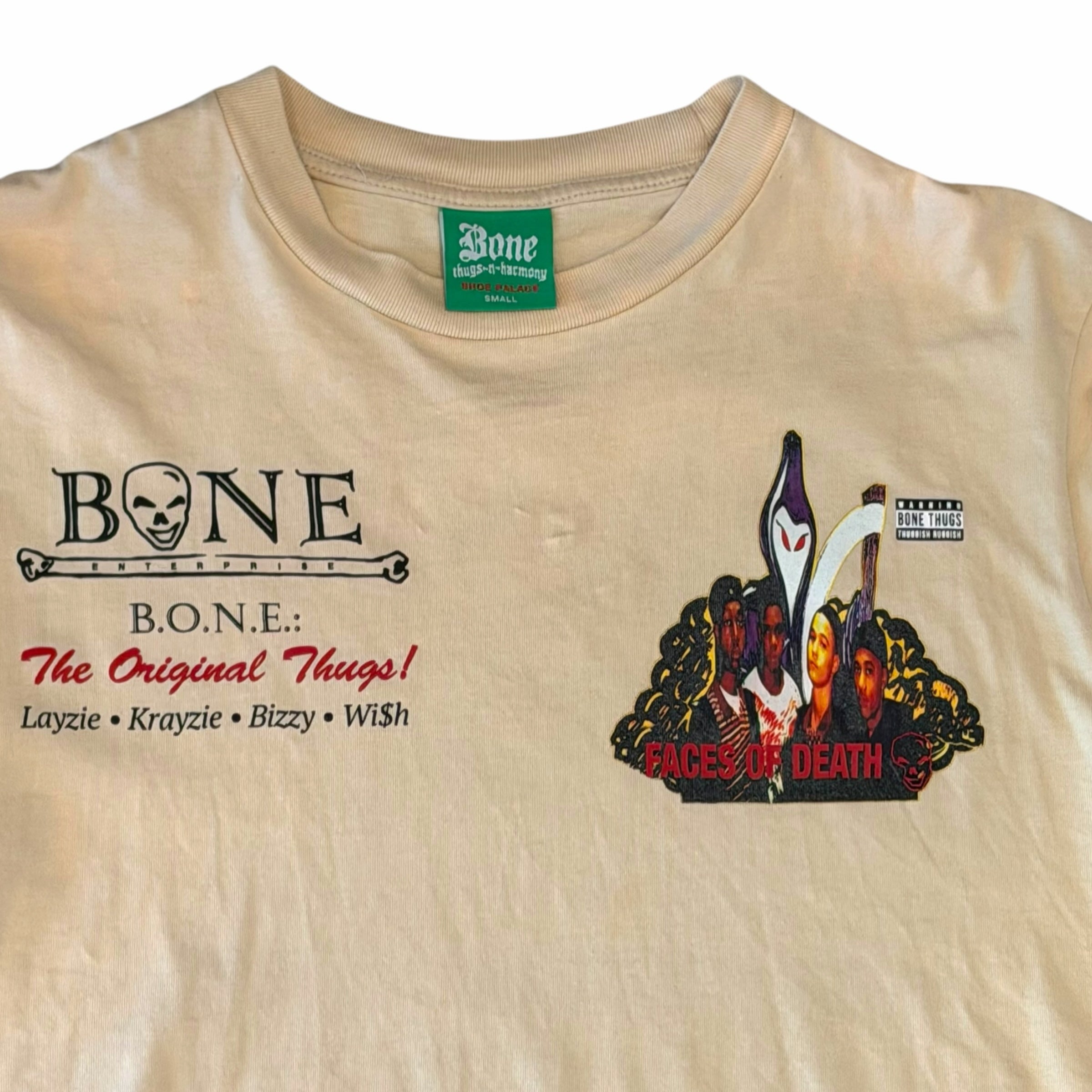 Vangsworld, Inc cream cotton t-shirt featuring Bone Thugs-n-Harmony Faces of Death graphic and band member names