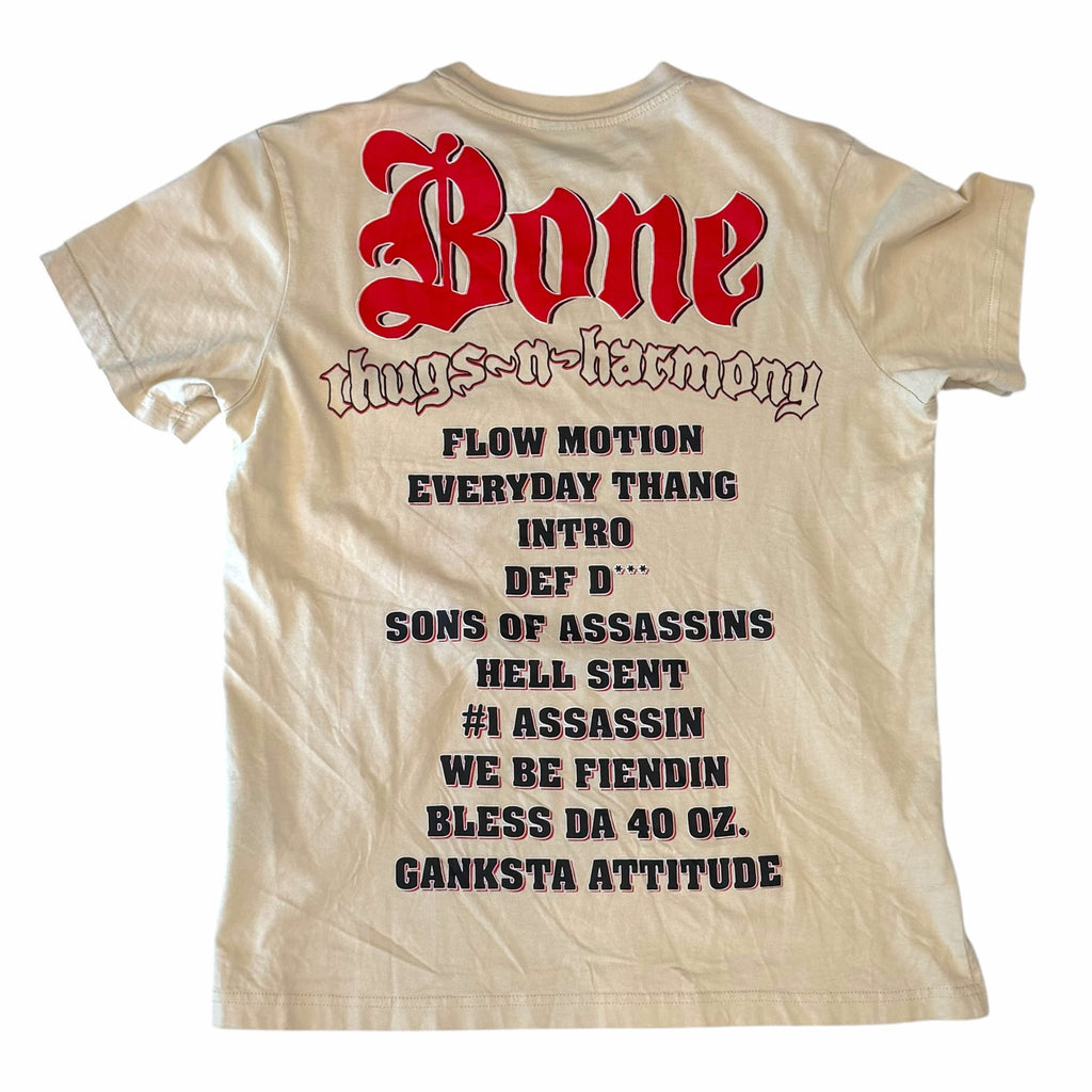 Vangsworld, Inc cream cotton t-shirt featuring a red and black Bone Thugs-n-Harmony tracklist graphic on the back.