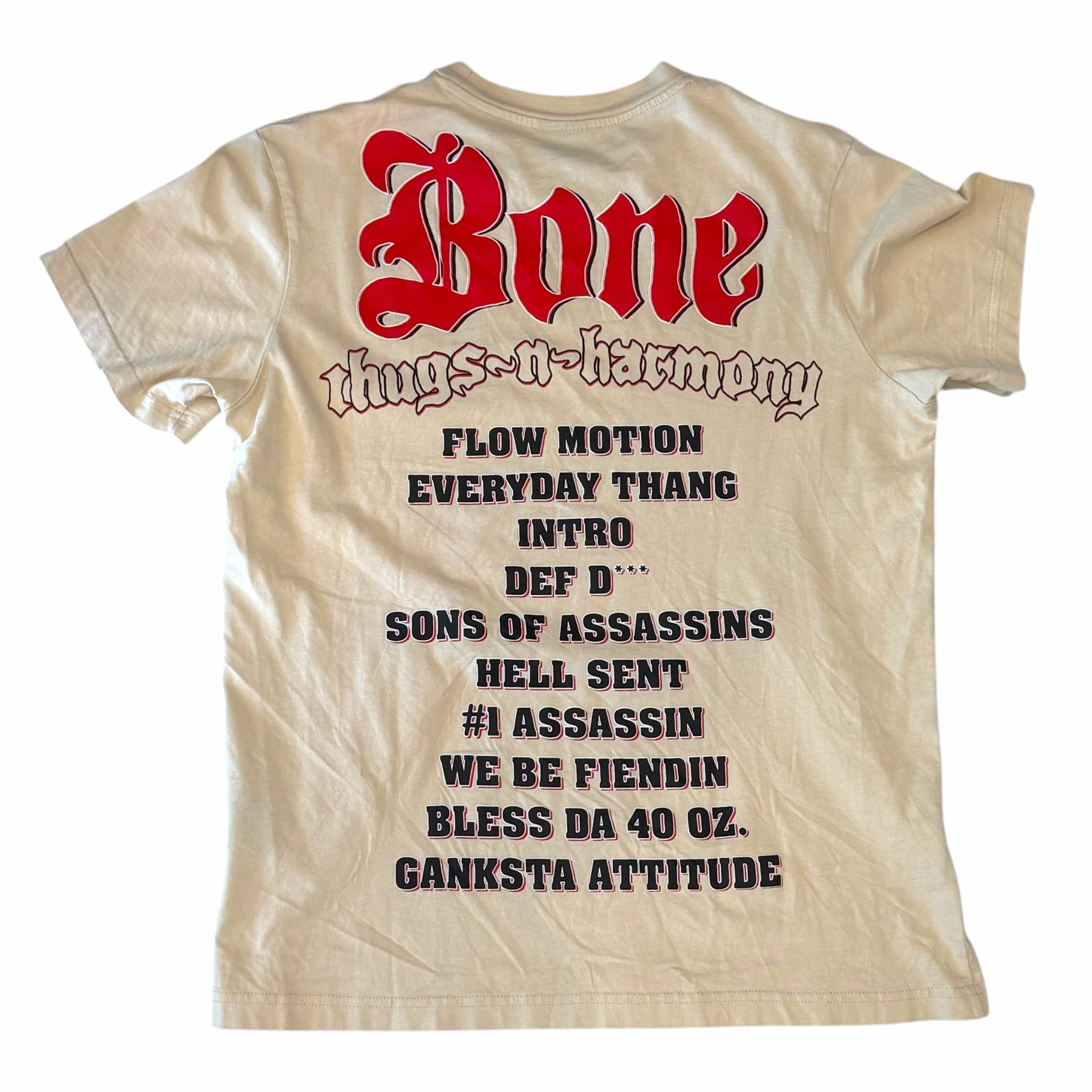 Vangsworld, Inc cream cotton t-shirt featuring a red and black Bone Thugs-n-Harmony tracklist graphic on the back.