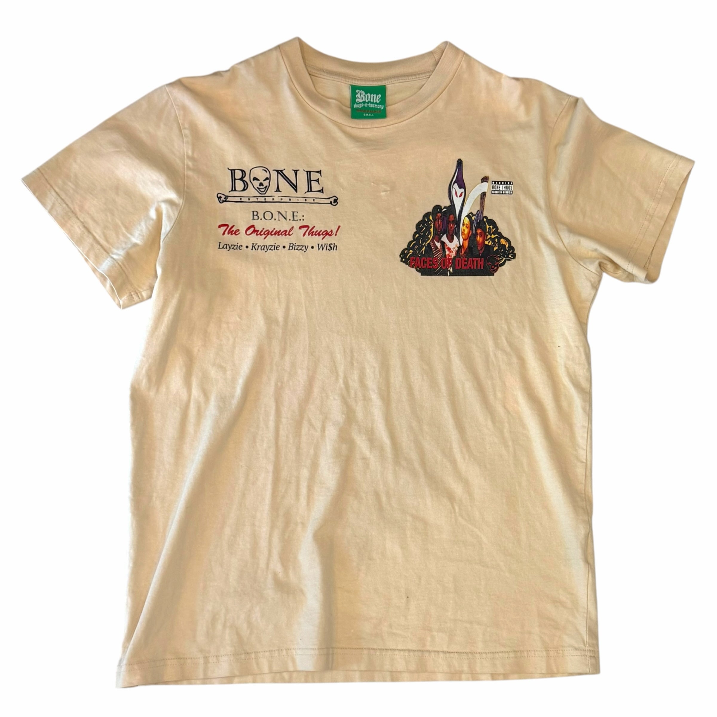 Vangsworld, Inc cream cotton t-shirt featuring Bone Thugs-n-Harmony Faces of Death graphic print on the front